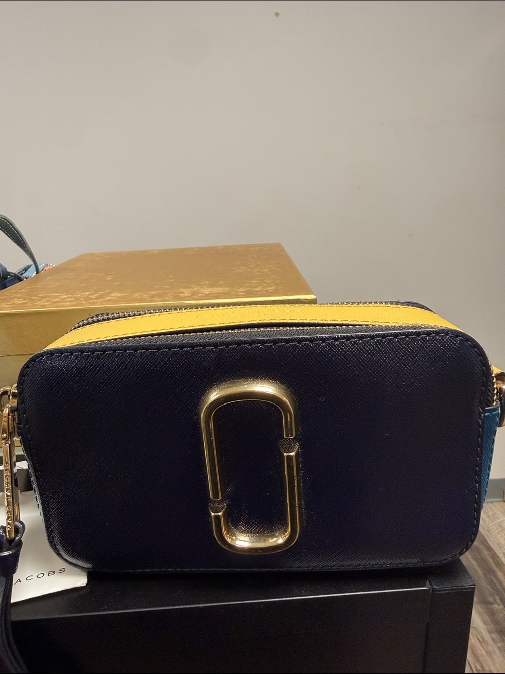 Marc Jacobs Navy Crossbody with Yellow Accent and Gold Hardware